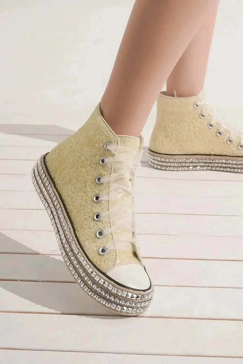 Beast Fashion Glitter Lace - Up Studded Platform Sneakers - VILLA FASHION